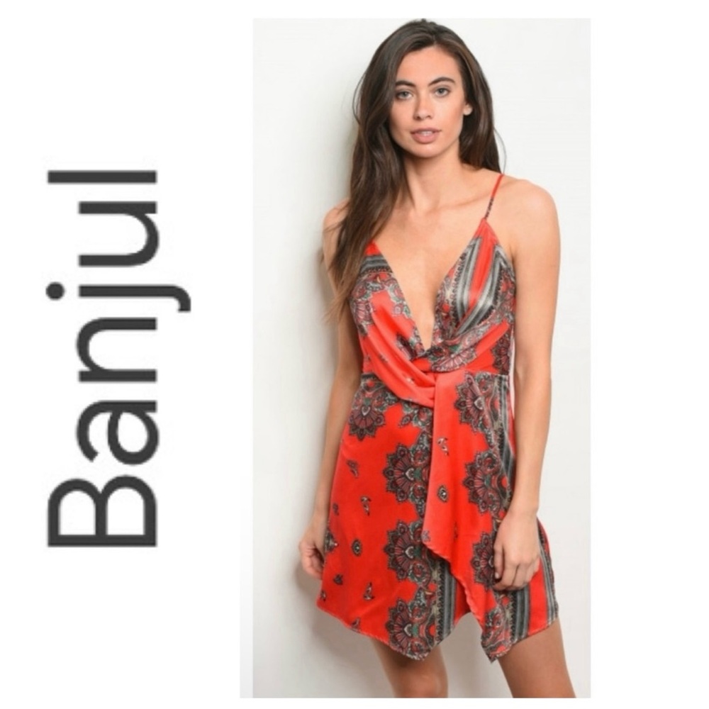 NWOT Banjul Sleeveless Cowl Neck Printed Satin Party Dress in Red Combo